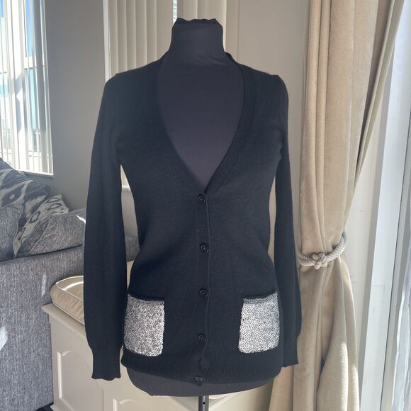 AQUA 100 % CASHMERE Black sequins & beads pockets Cardigan Sweater XS - Picture 1 of 7